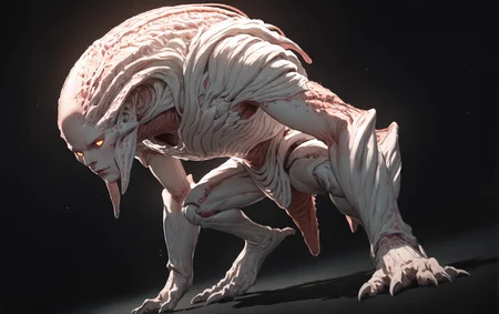 score_9, score_8_up, score_7_up, adorable alien, alien, anthropomorphic,
BREAK
(detailed shadow:1.2), claws, realistic, glowing, black background,
dutch angle, absurdres, <lora:Alien_Concept_Art (1):1> <lora:SDXLHighDetail_v5:0.5>