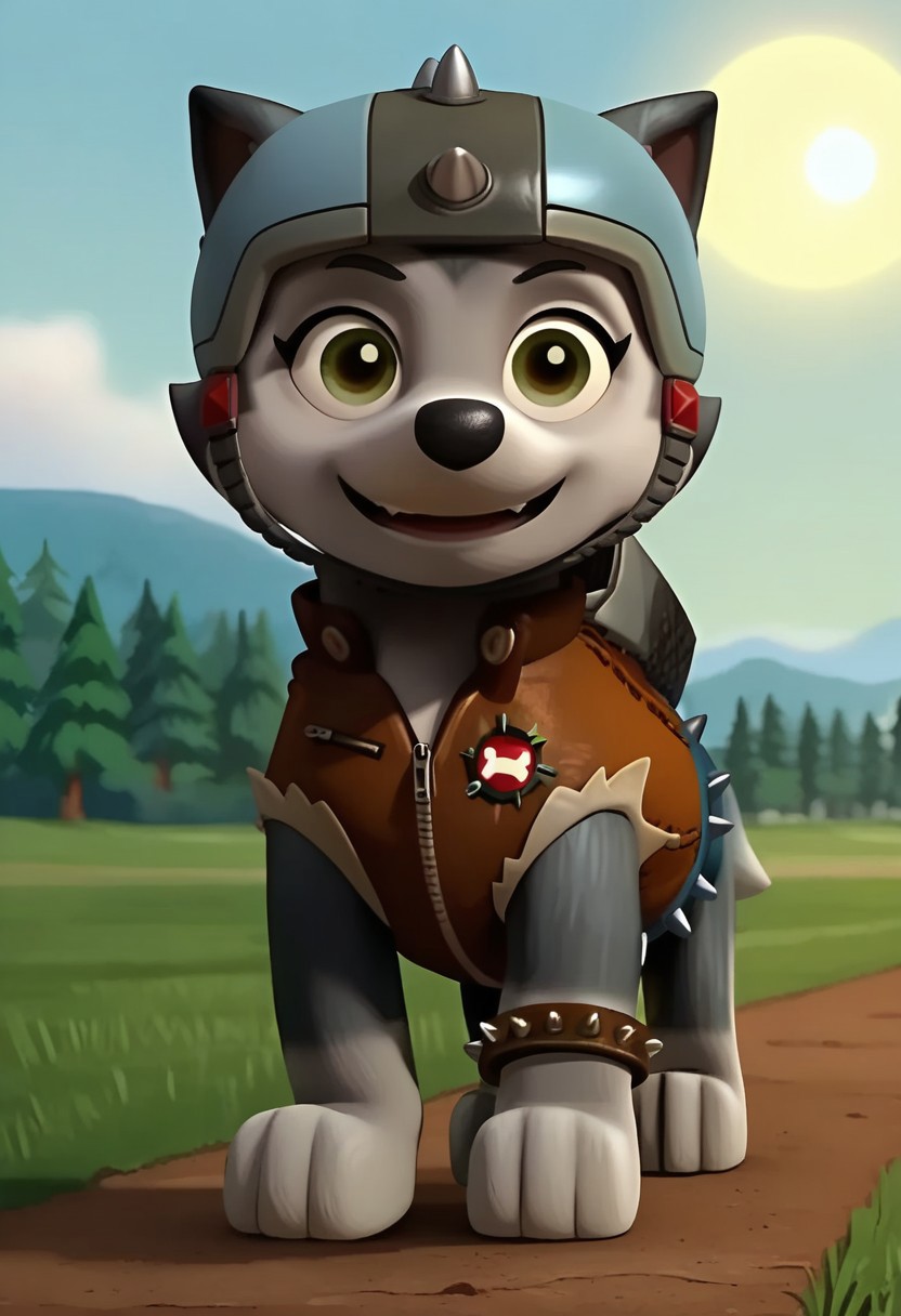 BREAK score_9, score_8_up, score_7_up, source_anime, front view, 1girl, solo, Gasket_PP, feral, dog, alaskan malamute, two tone fur, gray-white, green eyes, fluffy tail, grey-black helmet, spiked helmet, brown jacket, belt, spiked belt, brown bracelet, spiked bracelet, bracelet on left paw, grass, detailed background, day, sun, blue sky, (dynamic pose:1.5), (creativity:1.5), smile, cute,