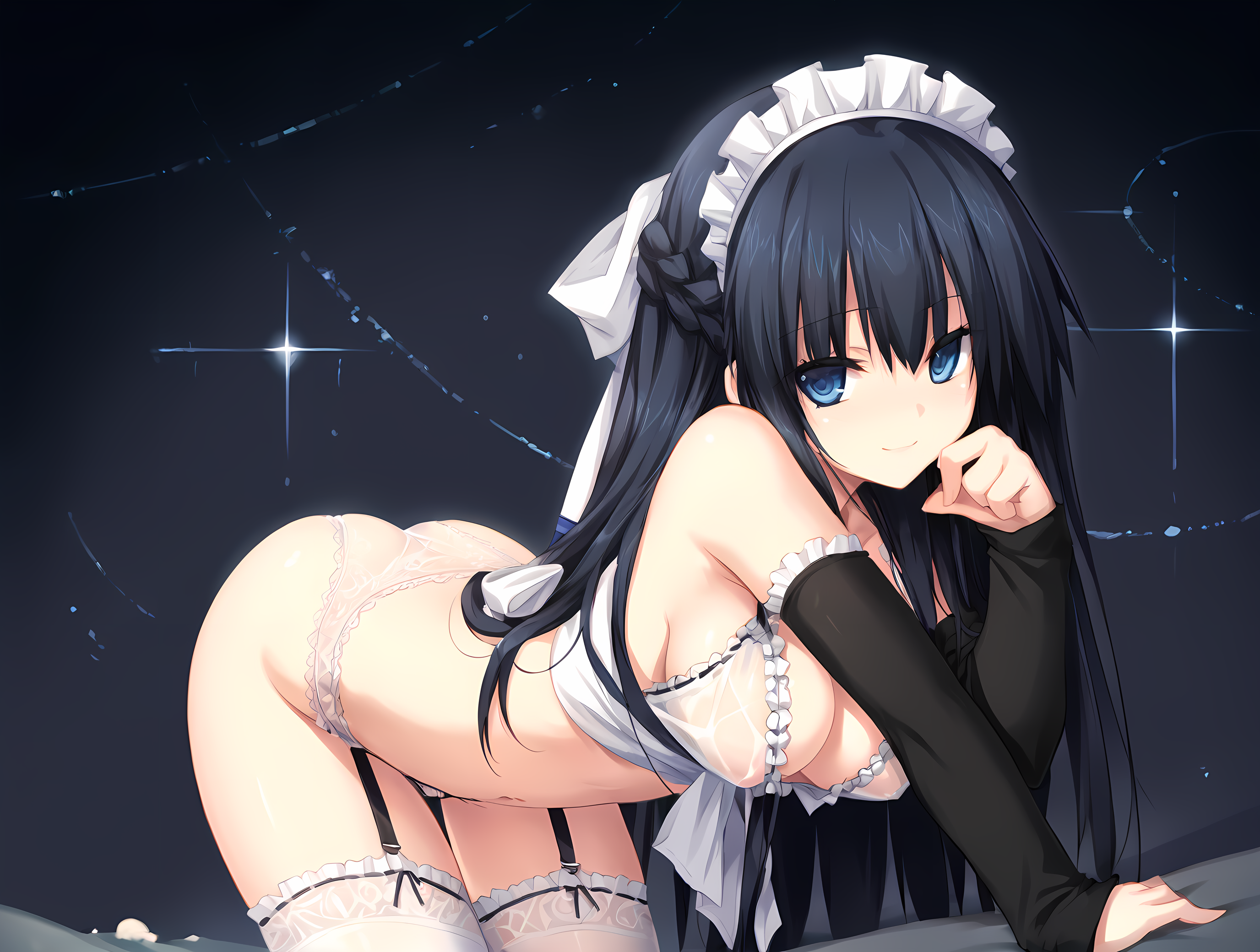 arched back,kneeling,bent over,eushully,liselle,long hair,black hair,lace,criss-cross straps,string,tied shirt,navel,midriff,large breasts,blue eyes,half updo,braid,standing,detached sleeves,garter straps,thighhighs,panties,silk,see-through,maid,seductive smile,pose,sexually suggestive,moonlight,moonlit,<lora:Eushully_Liselle_Madou_Koukaku_EP10:0.95>,, score_9, score_8_up, score_7_up,source_anime,(masterpiece),(best quality),(ultra-detailed),(best illustration),(best shadow),(absurdres),(detailed background),(very aesthetic),source_anime