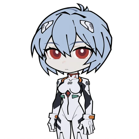 highres, hi res, best quality, masterpiece, 2d,
1girl, solo, female, bangs, blue hair, hair between eyes, pale skin, red eyes, short hair, ayanami rei,
plugsuit, mecha pilot suit, bodysuit,
cowboy shot, looking at viewer, chibi, meme, parody, flat color,
depth of field, white background, simple background, <lora:ZZZ_Stroll_Sticker_ILXL:1>
