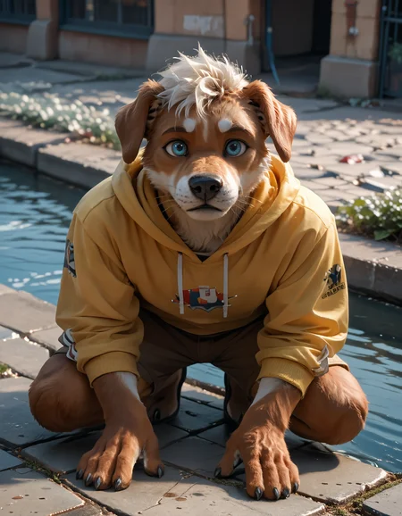 score_9, score_8_up, score_7_up, BREAK (anthro, furry:1.1), depth of field, cinematic lighting, masterpiece, detailed hands, detailed face, best quality, ultra realistic, 4k, 2k, film photography, RAW photo, photorealistic, analog style, subsurface scattering, photorealism, embedding:unaestheticXL_bp5, embedding:zPDXL,(best quality, high quality, 8K:1.5), <lora:add-detail-xl:2.5>, <lora:fix_hands.safetensors:2.0>, <lora:2.5DRealisticV2.safetensors:0.3>, <lora:sinfully_stylish_SDXL.safetensors:0.6>,  <lora:AdvancedEnhancerXLv2.safetensors:1.0>, (hi res), ((masterpiece)), ((best quality)), illustration, anthro, furry, <lora:Michi_OC.safetensors:0.8>, Michi, d0g, White hair, blue eyes, white muzzle, yellow hoodie, brown shorts, floppy ears, white eyebrows, animal hands solo,(from above, squatting, expressionless:1.15), outdoor, barefoot, photo_background BREAK <lora:Saint_Petersburg.safetensors:1.4>, sity background, Saint_Petersburg city