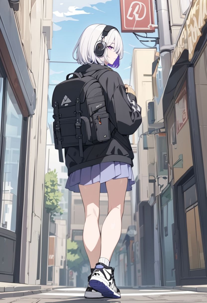 1girl, headphones, headphones around nect,
white hair,purple inner, short hair,
purple eyes, 
HDA_flipped hair, 
daily cloth, jacket, medium black backpack,  medium skirt, white Air jordan,
street, sidewalk, walking, back, facing away from viewer, 
beautiful, aesthetic, detailed, beautiful color amazing quality, best quality, high quality