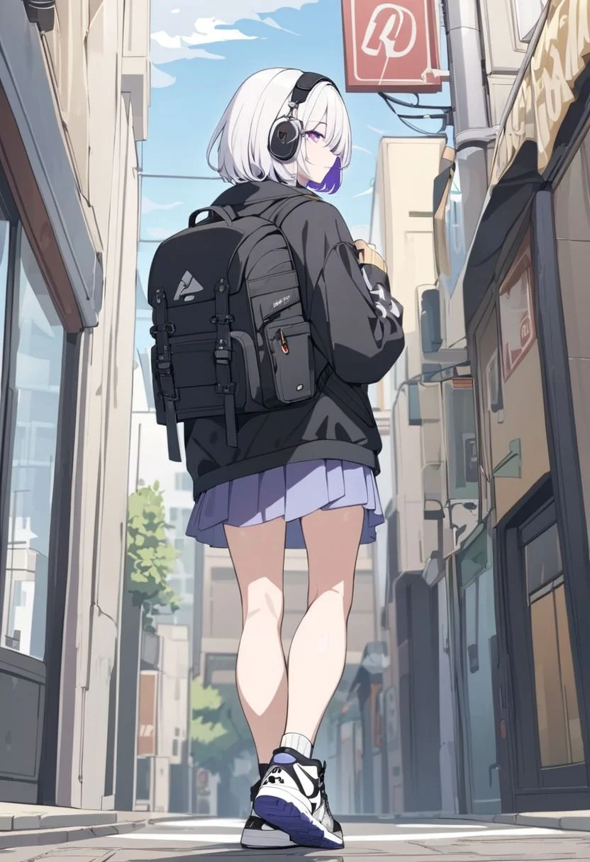 1girl, headphones, headphones around nect,
white hair,purple inner, short hair,
purple eyes,
HDA_flipped hair,
daily cloth, jacket, medium black backpack, medium skirt, white Air jordan,
street, sidewalk, walking, back, facing away from viewer,
beautiful, aesthetic, detailed, beautiful color amazing quality, best quality, high quality