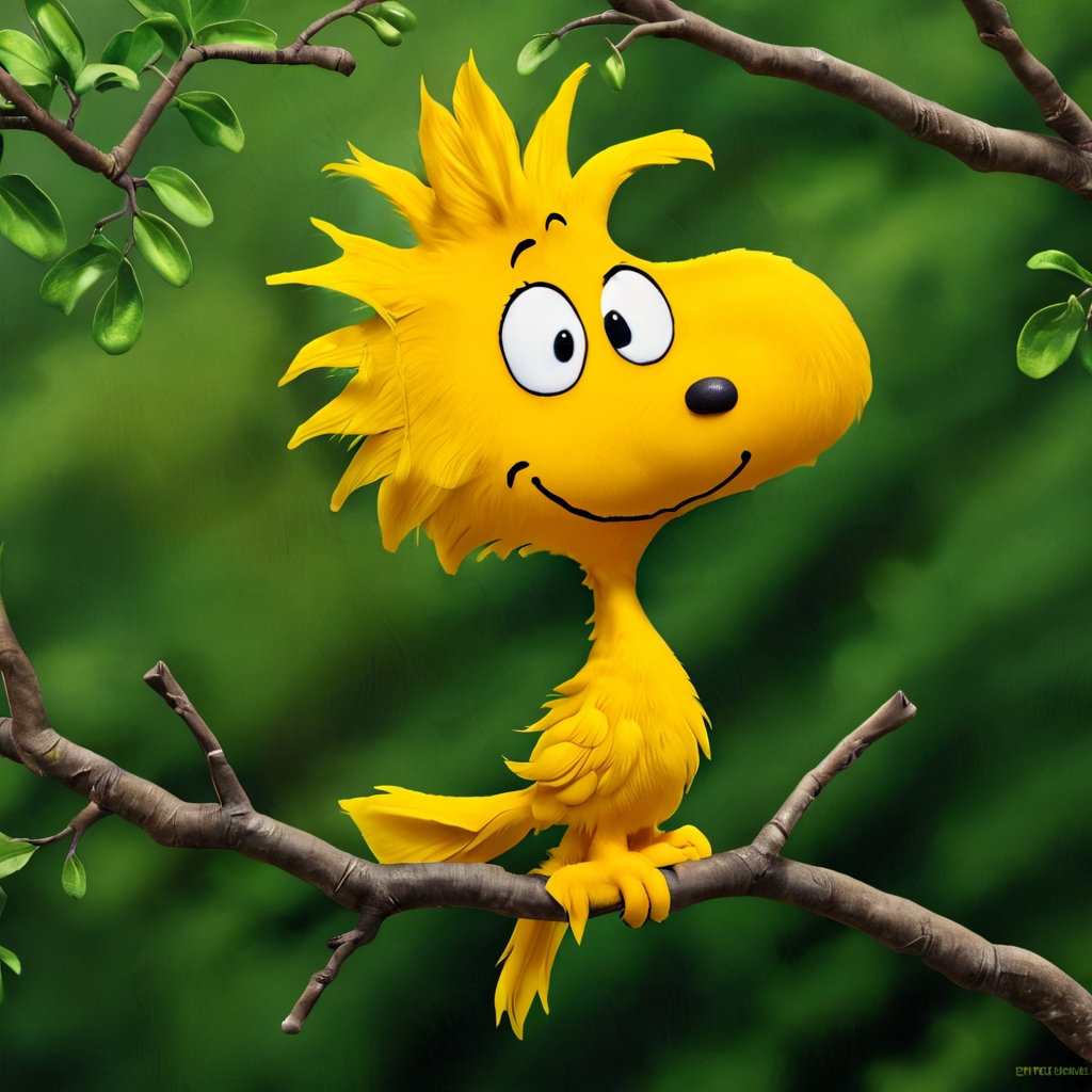 hyper realistic photograph portrait of pampeanut yellow bird, looking like woodstock, on a tree branch,hyper detailed, expressive, award winning,3d