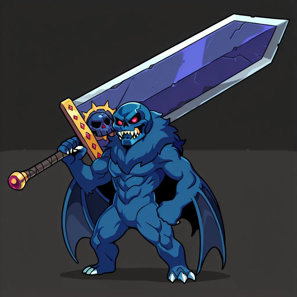 detailed, masterpiece, high quality, absurdres, solo, full body, battle pose, chibi,
weapon over shoulder, oversized object, huge weapon, greatsword, standing, full body,
solomon, kaiju, demonic kaiju, no humans, humanoid, dark blue skull face, monster, dark blue fur, dark blue skin, glowing red eyes, sharp teeth, humanoid arms, sharp claws, white claws, bat wings coming out of his arms