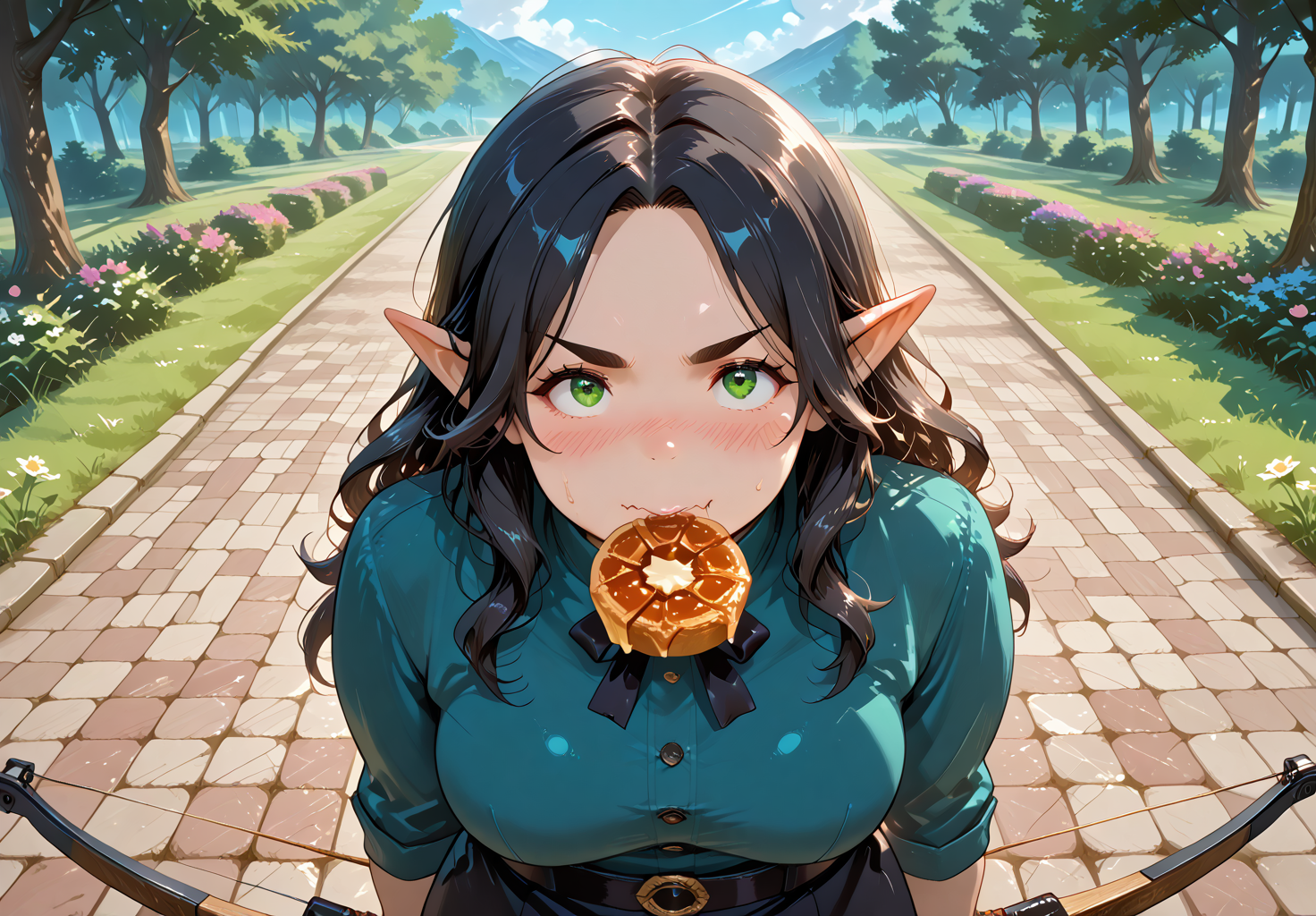 IllusP0s, PonyScores7, source_anime, ah1, IllustriousQual, interesting, exciting, spectacular, wonderful, amazing quality, absolutely eye-catching, 
BREAK <lora:xl_more_art-full_v1:0.2>, <lora:aesthetic_anime_v1s:0.2>, <lora:EpicF4nta5yXL:0.2>, <lora:detailxl:0.2>, detailxl, <lora:Fant5yP0ny:0.2>, amazing quality, best aesthetic, absurdres, illustration, Volumetric_Lighting, ultra-detailed, very aesthetic, intricate details, best_quality,  lazympos, <lora:Add_Details_v1.2:0.4>, <lora:quality_modifiers_masterpieces_v1:0.2>, <lora:ZootPonyAnime_V1_r2:0.2>, <lora:Bestifacator2:0.2>, anime style,
BREAK (((eating Cinnamon Apple Slices))), <lora:DynamicPoseIL2att_alpha1.0_rank4_noxattn_900steps:0.8>, dynamic pose, foreshortening, extreme perspective,
BREAK Stable_Yogis_PDXL_Positives, AS-Adult, <lora:Complicated fantasy portrait - XL Pony V2.0:0.2>, bad-hands-5, <lora:HDA_Detailer:0.3>, <lora:natsumi_style:0.2>, <lora:by_usakun-pony:0.2>, by usakun, <lora:Akina_Bbw_Style_-_PonyXL:0.2>, AkinBw, (((pet photography, capturing the essence of animals, showcasing personality, vibrant colors, candid moments, emotional connections, playful compositions, storytelling through pets, unique perspectives, highlighting behavior, immersive experiences, creative techniques, showcasing companionship, adorable imagery, engaging visuals, heartwarming moments))),
BREAK 1girl, mature female, (curvy), round-chin, caucasian, <lora:ETO_OC_Illustrius:0.5>, eto_oc, skindentation, (plump), thick thighs, wide hips, busty, voluptuous, <lora:plussizegirls_IL:0.3>, <lora:plussizegirls_pony:0.3>, <lora:Venus body IXLS3_alpha16.0_rank32_full_last:0.3>, <lora:shinyskin2:0.2>, glistening skin, HDA_FatGirlXL, round ass, large breasts, <lora:perfection style:0.2>, perfection style, perfection,
BREAK ((<lora:GCLire:0.8>, GCLire, pointy ears, elf, green clothes, skirt, bow, crossbow, archer, flower on hair, ornamental bow)),
BREAK (curly hair), long hair, (black hair:1.4), (parted hair:1.7), messy hair, kinky curls, <lora:hairdetailpxl:0.2>, hairdetailpxl,
BREAK (half green and brown eyes), (colorful eyes), (multicolored eyes), (downturned eyes:1.4), expressive eyes, <lora:perfect-eyes:0.4>, perfecteyes, EyesHD, (round face:1.2), (thick eyebrows:1.3), (plump face), <lora:Round_face:0.2>, lips, <lora:DetailedEyes_xl_bdsqlsz_V1:0.2>, <lora:Eyes_Lora_Pony_Perfect_eyes:0.2>, <lora:focusoneyes:0.2>, <lora:cinematic eye color style illustrious v1:0.2>, <lora:fdsf:0.2> HDEYES, <lora:eyes_enhancer_V3:0.2>,
BREAK (((v-shaped eyebrows, wavy mouth, nose blush, averting eyes expression))), <lora:Expressive_H:0.2>, Expressiveh, <lora:Emotional_Anime_Expressions_PonyXL_Concept:0.2>, emotional, <lora:Best_Facial_Expression_LoRA_PONY:0.2>, looking at viewer, <lora:Detailed expressive EXEV style -XL Pony V1.0:0.2>, FaceDetail, <lora:Best_Facial_Expression_Helper_XTREME_ILLU:0.4>, kaogei,
BREAK (((Steam rising from a freshly baked pie))), <lora:Background Detailer - SDXL:0.2>, 4k, 8k, Ultra HD, Masterpiece, Best quality, Detailed background, <lora:Add_more_details_V2_XLpony:0.2>, full_details, <lora:background-type1:0.2>, <lora:AddMicroDetails_Illustrious_v2:0.2>, addmicrodetails, SmoothNoob_Quality, <lora:ani40o_stabilizer_v0.6:0.6>,