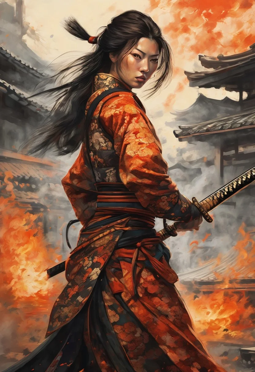 A female samurai warrior in full battle regalia, positioned heroically against the backdrop of a burning Japanese town. Her intense gaze and poised stance with a katana create a striking focal point. The artwork should convey movement with flickering embers and smoke, while maintaining a rich color palette that accentuates the traditional design elements of her armor and the historical setting.