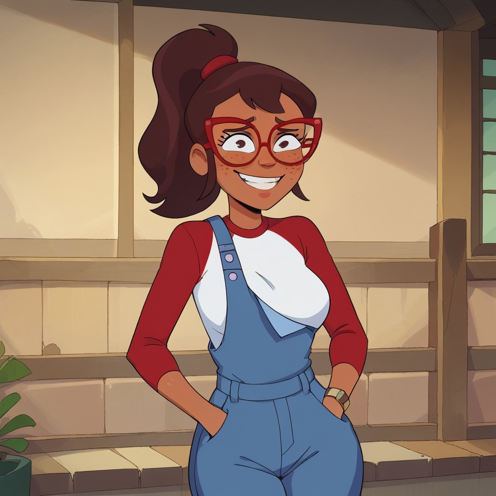 score_9, score_8_up, score_7_, Hailey, Dark-skinned female, Freckles, Brown Hair, Overalls,Shirt, red-framed eyewear, Glasses, wide hips, 1 girl solo, big breast, shy look, hand in pocket, nervous grin, looking away from viewer,