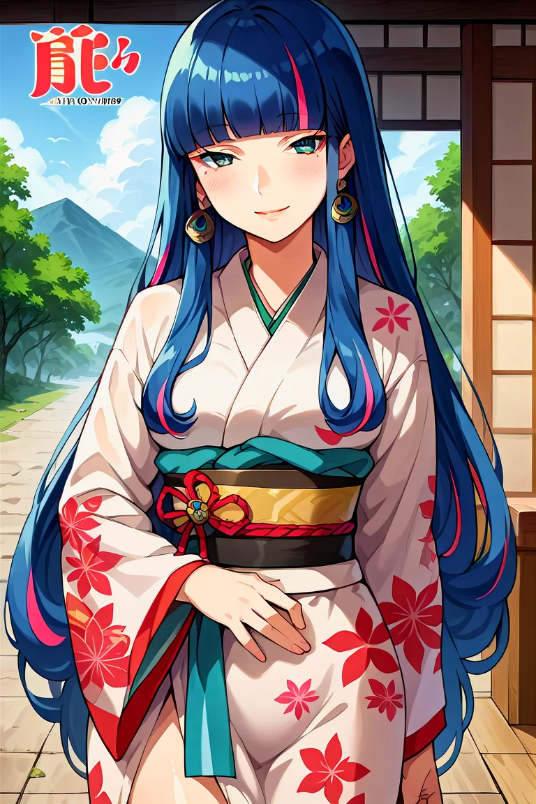 score_9, score_8_up, score_7_up, score_6_up, score_5_up, score_4_up, rating_questionable, , source_anime, digital illustration, pixiv, fanbox, uncensored, , BREAK, official art,
1girl, solo, female, eida, blue hair, blunt bangs, colored colored inner hair, long hair, earrings, long side locks,  medium breasts,
japanese clothes, kimono, japanese background, printed, outdoors, light smile, blush, cowboy shot, looking at viewer, colorful, vivid   <lora:Eida_Pony-10:0.9>