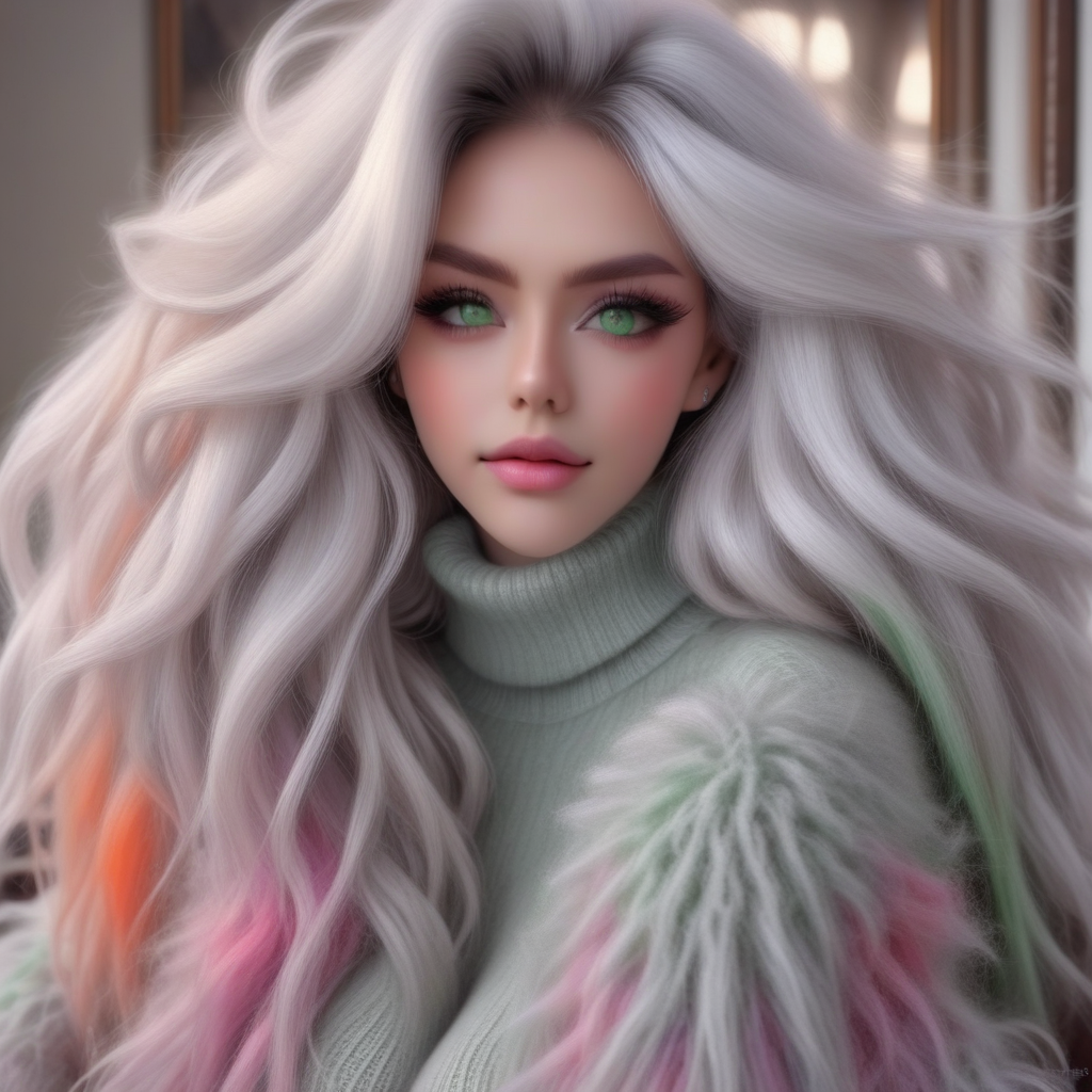 turtleneck, white hair, green eyes, grey eyes, white sweater, breasts, mohair sweater, blurry, long hair, multicolored hair, upper body, eyelashes, sweater
