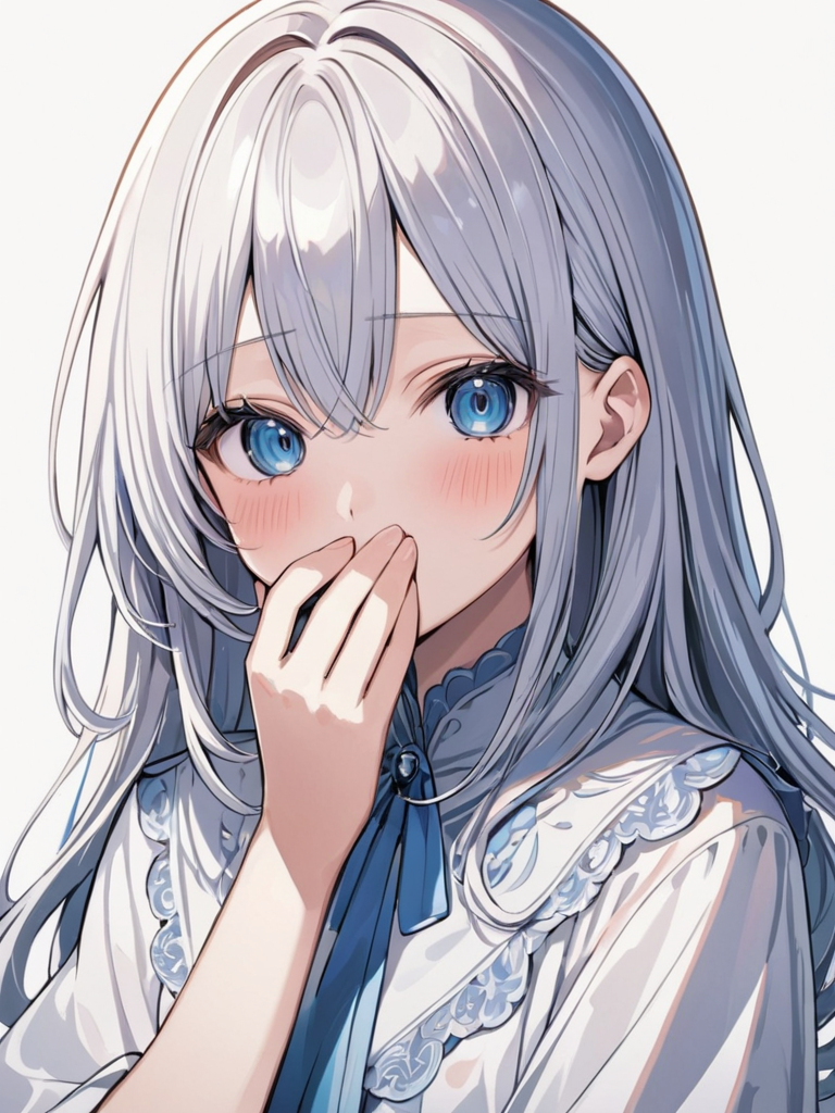 masterpiece,ultra-detailed,best quality,8K,illustration,cute face,clean skin ,shiny hair,girl,ultra-detailed-eyes,simple background, <lora:add-detail-xl:1>   <lora:hand over own mouth_XL_V1.0:1> hand over own mouth, covering own mouth, blush
