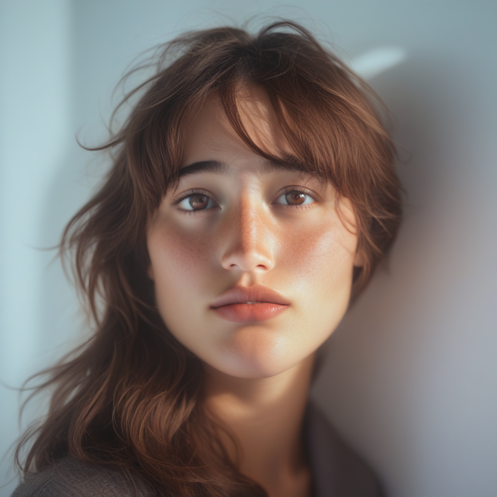fit in frame, rim lighting, studio light, professional photography, white shirt, high key lighting, studio photo, volumetric, ultra realistic, 20 years old beautiful model, portrait photo, flat-cut bangs, extreme high clarity, brown eyes, hyper realistic skin, bathed in soft natural light, with medium short brown hair, ambient warmth, well-lit face