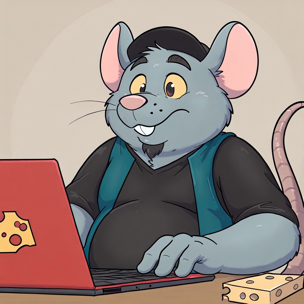 Hacker, Mouse, fat, chubby, hat, black goatee, pink nose, tail, Yellow sclera, incisors, tattered clothes, turquoise vest, black shirt, black hat. sitting, desk, red laptop, half body, typing, mouse pad, focused, squnting, working, cheese decal