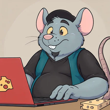Hacker, Mouse, fat, chubby, hat, black goatee, pink nose, tail, Yellow sclera, incisors, tattered clothes, turquoise vest, black shirt, black hat. sitting, desk, red laptop, half body, typing, mouse pad, focused, squnting, working, cheese decal