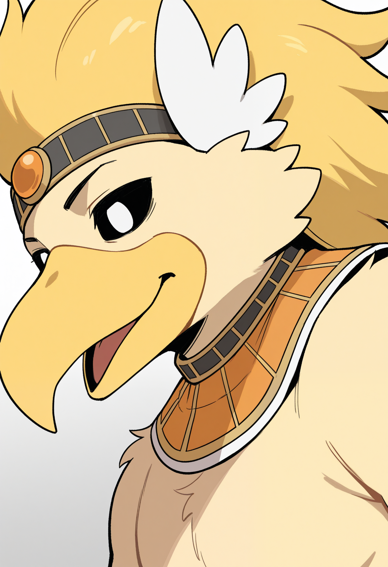 masterpiece,best quality,amazing quality, 1boy, solo, r4wk, bird boy, yellow fur, black sclera, white eyes, headband, usekh collar, close up, side angle, 