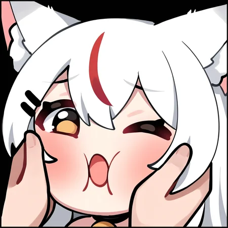 <lora:EmoteStyleSDXL:1>, best quality, masterpiece, emote, 1girl, animal ears, white hair, streaked hair, multicolored hair, fox girl, one eye closed, hands on another's face, animal ear fluff, cheek squash, red hair, hands on another's cheeks, cheek pinching, solo focus, hairclip, chibi, hair ornament, open mouth, hair between eyes, long hair, yellow eyes, collar, border, out of frame, neck bell, portrait, black background, pov hands, ;o, blush