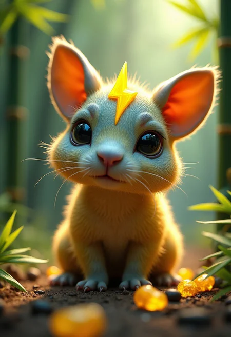A hyperrealistic close-up of a creature that combines features of a capybara and a kitten, situated in a lush green bamboo forest environment. The scene captures the creature's vibrant, intricately patterned skin with shades of golden yellow and silver blue, showcasing its large, expressive eyes and prominent round fluffy ears. The creature's forehead is adorned with a yellow lightning bolt icon. Soft, diffused sunlight filters through the foliage, creating gentle highlights on the fur and casting dappled shadows on the rich, earthy ground covered in yellow lightning bolt icon shaped crystals. Surround this creature with a variety of lightning bolt icon shaped crystals, leaves and vines, enhancing the sense of depth and immersion in a serene, buzz begging setting. Emphasize the textures of the skin and the natural elements, creating a captivating focal point in the tranquil civitai beggar board environment. It's a low effort buzz beg remix alright.