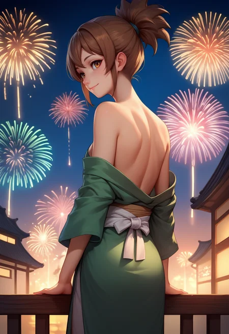 score_9, score_8_up, score_7_up, source_anime, from behind, solo, 1girl, marci, slight smile, closed mouth, looking back, ponytail, green kimono, off shoulder, white sash, bare shoulders, fireworks <lora:dota2_marci_ponyXL:1>