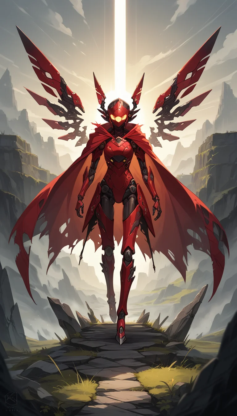 score_9, score_8_up, score_7_up, Anime Style, Full Body Shot, mecha (red robot), black glass full helmet, not visible face, red cape, floating cape, yellow glowing eyes, science fiction, torn clothes, glowing, mechanical joints, red|white metal color, intense sunlight, outdoors, landscape, cinematic lighting, amazing quality, wallpaper, depth of field, dynamic angle, realistic metal:1.4, cinematic photography, sharp, hyperdetailed:1.15