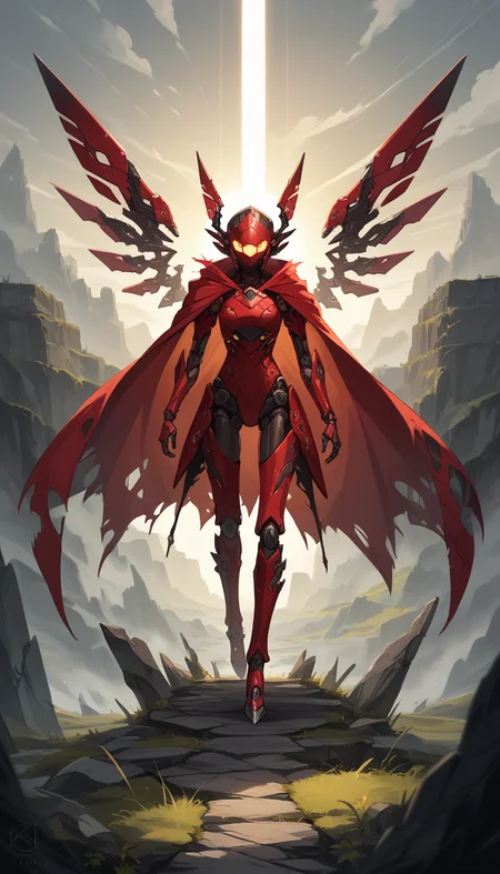 score_9, score_8_up, score_7_up, Anime Style, Full Body Shot, mecha (red robot), black glass full helmet, not visible face, red cape, floating cape, yellow glowing eyes, science fiction, torn clothes, glowing, mechanical joints, red|white metal color, intense sunlight, outdoors, landscape, cinematic lighting, amazing quality, wallpaper, depth of field, dynamic angle, realistic metal:1.4, cinematic photography, sharp, hyperdetailed:1.15
