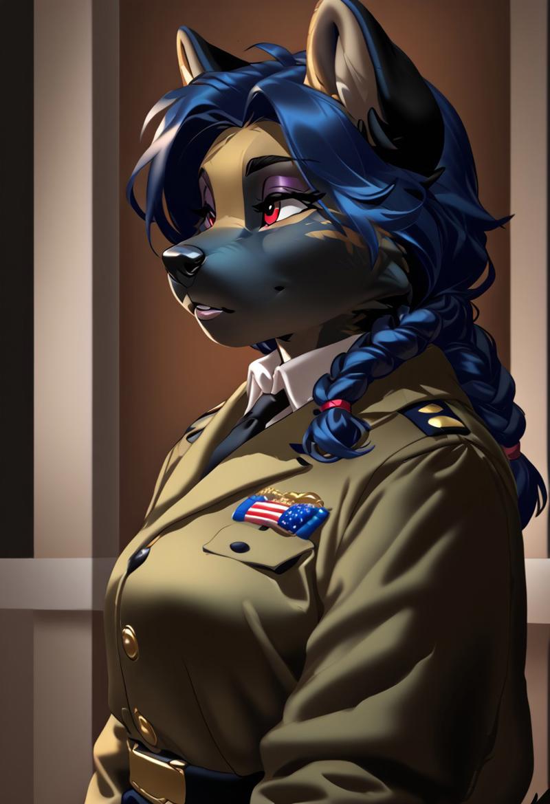 score_9, score_8_up, score_7_up, (by kittydee:1.5), (by jailbird:1.5), (by zummeng:1.5), masterpiece, best quality,  
(Furry Art: Anthro: American Akita:1.5), 1girl, expressive eyes, feminine eyes, perfect face, feminine face, dog, canine, curled tail, multicolored fur, black face fur, pointy dog ears, navy blue hair, braided twintail hair, medium breasts, hunting uniform,