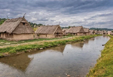 photograph,neolithic village near a river,  high quality photography, 4k, Canon EOS R3, hdr, smooth, sharp focus, high resolution, award winning photo,
