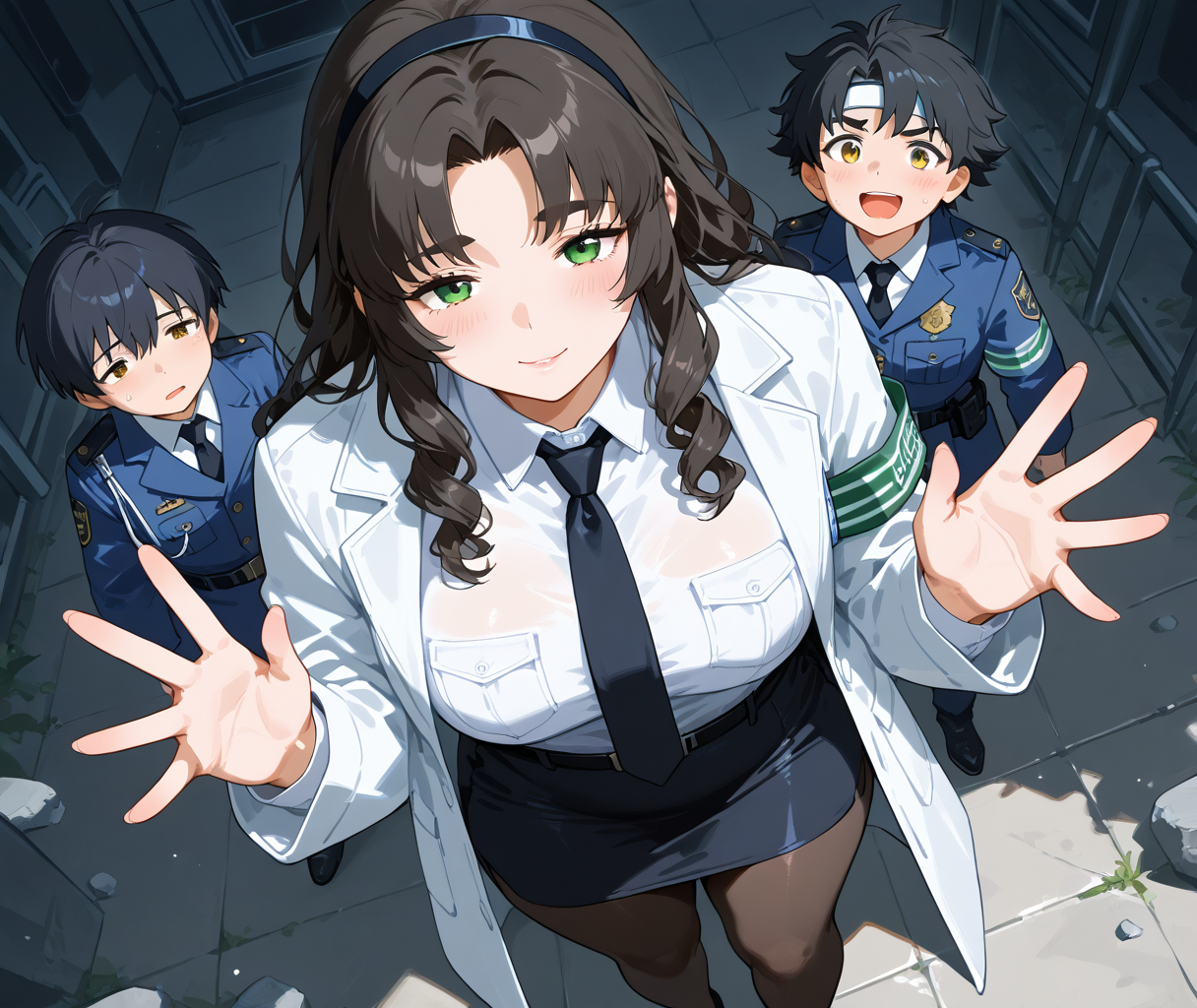 PonyScores7, source_anime, ah1, IllustriousQual, <lora:natsumi_style:0.5>, <lora:by_usakun-pony:0.4> by usakun, <lora:Akina_Bbw_Style_-_PonyXL:0.2> AkinBw
BREAK 1girl, mature female, (round face:1.2), (thick eyebrows:1.3), (curvy), round-chin, caucasian, (plump face), <lora:Round_face:0.2>, <lora:ETO_OCPonyXL:0.5> eto_oc, skindentation, (plump), thick thighs, wide hips, busty, voluptuous, lips, <lora:venus body PonyXL:0.4>, <lora:shinyskin2:0.2> glistening skin
BREAK  (((curly hair), long hair, (black hair:1.4), (parted hair:1.7), messy hair, kinky curls, <lora:hairdetailpxl:0.2> hairdetailpxl))
BREAK ((brown and green eyes), (brown_flecked_irises), (green_flecked_irises), (colorful eyes), (multicolored eyes), (downturned eyes:1.4), <lora:expressive eyes:0.5> expressive eyes, <lora:eyedetailpxl:0.2> eyedetailpxl, <lora:Eyes_High_Definition:0.3> EyesHD)
BREAK ((Grin,  <lora:Expressive_H:0.2> Expressiveh, <lora:Emotional_Anime_Expressions_PonyXL_Concept:0.2> emotional, <lora:Best_Facial_Expression_LoRA_PONY:0.2>, <lora:expresionesv3Rank128:0.2> expresiones, <lora:Detailed expressive EXEV style -XL Pony V1.0:0.2> FaceDetail))
BREAK ((using wardrobe))
BREAK Sunstone floating, floating object, floating rock, headband, hairband, hair ornament, jacket, necktie, breast pocket, police uniform, policewoman, collared shirt, black necktie, white shirt, belt, necktie, armband, pantyhose, pencil skirt, black belt, long sleeves, formal, suit, miniskirt, pocket, black pantyhose, skirt suit
BREAK (((A student participating in a science experiment with a lab coat and goggles)))
BREAK <lora:xl_more_art-full_v1:0.2>, <lora:aesthetic_anime_v1s:0.2>, <lora:EpicF4nta5yXL:0.2>, <lora:detailxl:0.2> detailxl, <lora:Fant5yP0ny:0.2>, best quality, amazing quality, best aesthetic, absurdres, illustration, Volumetric_Lighting, ultra-detailed, very aesthetic, intricate details, 8k, masterpiece, best_quality
BREAK (zoom_out:1.8), (Dutch Angle view Extreme Close shot, focus on feet)
BREAK Stable_Yogis_PDXL_Positives, AS-Adult, <lora:Complicated fantasy portrait - XL Pony V2.0:0.3>, bad-hands-5, <lora:HDA_Detailer:0.5>, HDA_FatGirlXL,