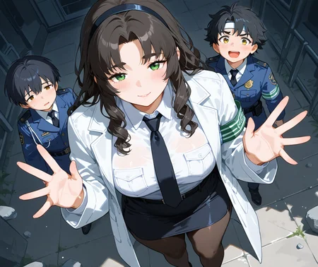 PonyScores7, source_anime, ah1, IllustriousQual, <lora:natsumi_style:0.5>, <lora:by_usakun-pony:0.4> by usakun, <lora:Akina_Bbw_Style_-_PonyXL:0.2> AkinBw
BREAK 1girl, mature female, (round face:1.2), (thick eyebrows:1.3), (curvy), round-chin, caucasian, (plump face), <lora:Round_face:0.2>, <lora:ETO_OCPonyXL:0.5> eto_oc, skindentation, (plump), thick thighs, wide hips, busty, voluptuous, lips, <lora:venus body PonyXL:0.4>, <lora:shinyskin2:0.2> glistening skin
BREAK (((curly hair), long hair, (black hair:1.4), (parted hair:1.7), messy hair, kinky curls, <lora:hairdetailpxl:0.2> hairdetailpxl))
BREAK ((brown and green eyes), (brown_flecked_irises), (green_flecked_irises), (colorful eyes), (multicolored eyes), (downturned eyes:1.4), <lora:expressive eyes:0.5> expressive eyes, <lora:eyedetailpxl:0.2> eyedetailpxl, <lora:Eyes_High_Definition:0.3> EyesHD)
BREAK ((Grin, <lora:Expressive_H:0.2> Expressiveh, <lora:Emotional_Anime_Expressions_PonyXL_Concept:0.2> emotional, <lora:Best_Facial_Expression_LoRA_PONY:0.2>, <lora:expresionesv3Rank128:0.2> expresiones, <lora:Detailed expressive EXEV style -XL Pony V1.0:0.2> FaceDetail))
BREAK ((using wardrobe))
BREAK Sunstone floating, floating object, floating rock, headband, hairband, hair ornament, jacket, necktie, breast pocket, police uniform, policewoman, collared shirt, black necktie, white shirt, belt, necktie, armband, pantyhose, pencil skirt, black belt, long sleeves, formal, suit, miniskirt, pocket, black pantyhose, skirt suit
BREAK (((A student participating in a science experiment with a lab coat and goggles)))
BREAK <lora:xl_more_art-full_v1:0.2>, <lora:aesthetic_anime_v1s:0.2>, <lora:EpicF4nta5yXL:0.2>, <lora:detailxl:0.2> detailxl, <lora:Fant5yP0ny:0.2>, best quality, amazing quality, best aesthetic, absurdres, illustration, Volumetric_Lighting, ultra-detailed, very aesthetic, intricate details, 8k, masterpiece, best_quality
BREAK (zoom_out:1.8), (Dutch Angle view Extreme Close shot, focus on feet)
BREAK Stable_Yogis_PDXL_Positives, AS-Adult, <lora:Complicated fantasy portrait - XL Pony V2.0:0.3>, bad-hands-5, <lora:HDA_Detailer:0.5>, HDA_FatGirlXL,