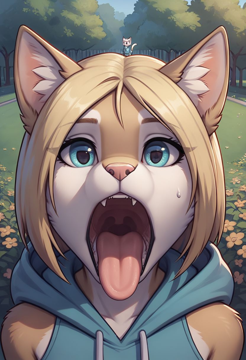 score_9, score_8_up, score_8, 1girl, smooth, anthro cat, white fur, blonde hair, highly detailed,  perfect, high quality, high definition, outdoors, park, detailed background, nature, people in background, grey sweatpants, hoodie, on knees, view from above, pov looking down, face focus, mouth focus, close up, detailed mouth, up close, mouth open, open mouth, tongue out, looking inside mouth