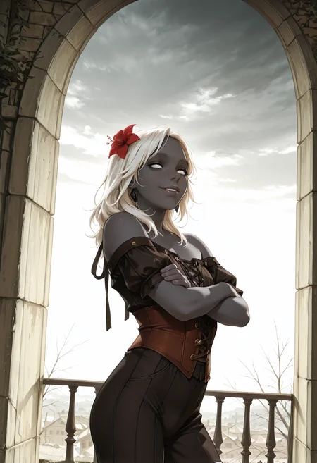 very awa, lineart, flat_colors, anime_coloring, [sei shoujo], [yoshiten], style parody, [bang dream!], [arcane: league of legends], [league of legends], (dynamic angle:1.3), (cowboy shot:1.2) BREAK 1girl, solo, <lora:Changeling:0.7> changeling, dark eyelids, white hair, mullet hair with hair flower, white eyes, (dark grey skin:1.2) fit body, thick waist, short stack, flat chested, perfect hands, colored lips, (smiling), parted lips,rolling eyes BREAK rogue, wearing studded (detailed light brown_red leather blouse), virgin-killer back, ribbed green toreador pants, sandals,, <lora:Rogue_Armor-IL:0.5> Rogu3 BREAK medieval, fantasy, outdoors, fantasy town, plaster buildings, brick streets,, urban details,, standing, contrapposto , crossed arms, spring_(season), sunrise, soft light, long shadows, grey sky, overcast, cloudy sky, fog,, cinematic lighting BREAK <lora:Expression_Detailer_Illustrious_Lora:0.7> <lora:DarkerThanDarkIllustriousV1:0.5> <lora:Haibane_Renmei_Style_Illu_Edition:0.8> HR-Illu