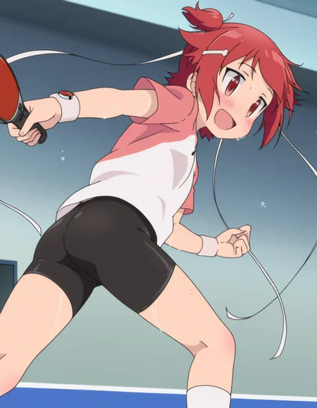 (masterpiece:1.4), (best quality:1.4),  very aesthetic, newest,best quality, amazing quality, very aesthetic, absurdres, solo
anime screenshot
1girl,  koyori,red eyes,short hair, red hair,short twintails, ribbon, two side up,born hair clip,
wristband, t-shirt,, short shorts, raglan sleeves, white socks,short sleeves,  pink shirt, bike shorts,pink footwear,sneakers
anime screenshot<lora:koyori_v4:1>
,holding paddle one hand
gymnasium,indoor,
sweat,sweaty,
smile,blush,open mouth,
dynamic action,smash ,pingâpong ball