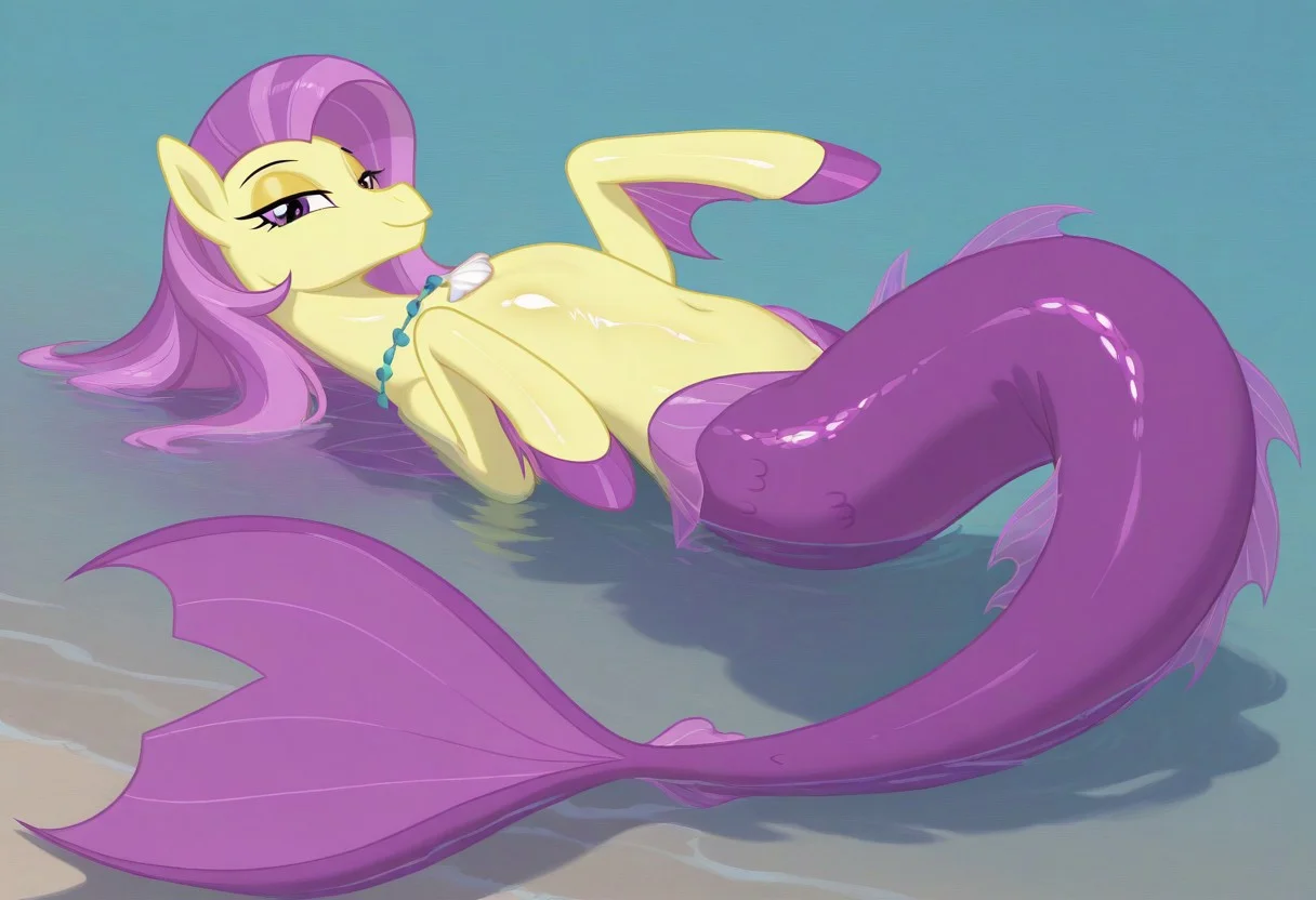 (masterpiece:1.2), (best quality:1.2), (very aesthetic:1.2), (absurdres:1.2), (detailed background), newest, sharp focus, perfect light, dynamic light, natural light, (best quality), my little pony, ocean flow, solo, water, purple eyes, 1girl, shell necklace, jewelry, no humans, purple hair, yellow skin, fins, looking at viewer, lidded eyes, yellow eyeshadow, dutch angle, shiny skin, glossy skin, shiny hair, glossy hair, full body, lying on back, beach, in water, siren, hippocampus, mermaid tail