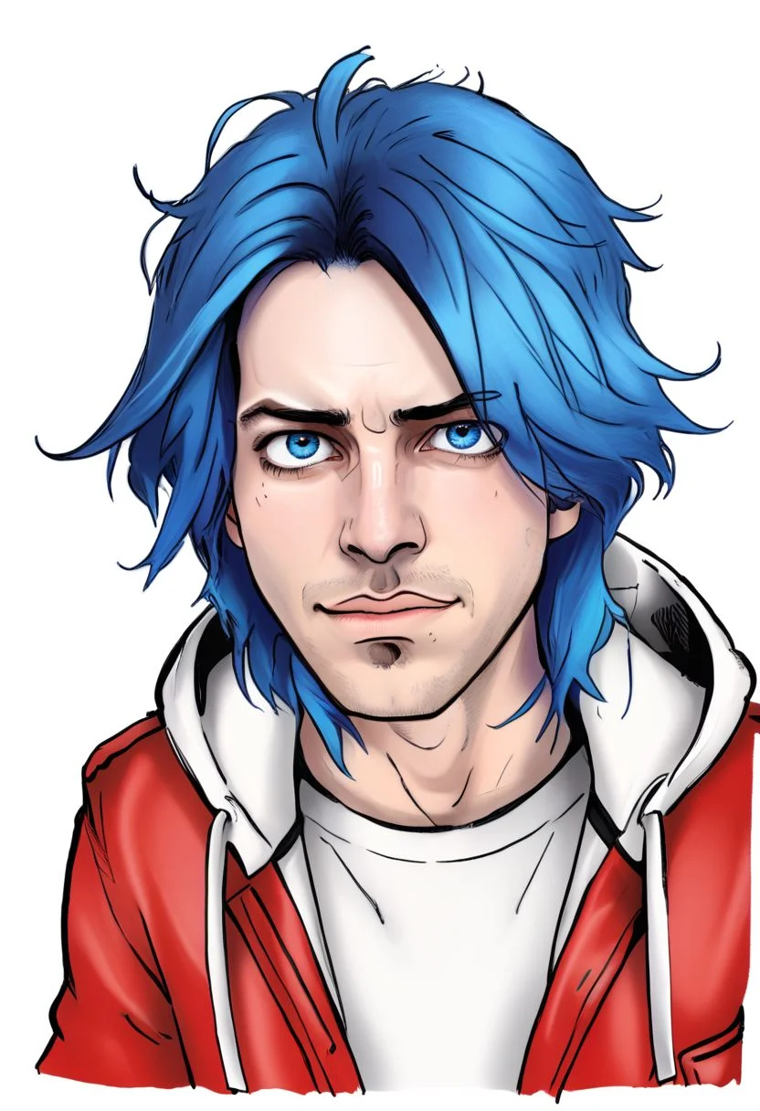 Duskfallcrew Art Style, solo, blue eyes, shirt, 1boy, white background, blue hair, jacket, male focus, open clothes, pants, hood, hair over one eye, red jacket, grimace, frustrated look, score_9_up, score_8_up, score_7_up, score_6_up, source_cartoon ,