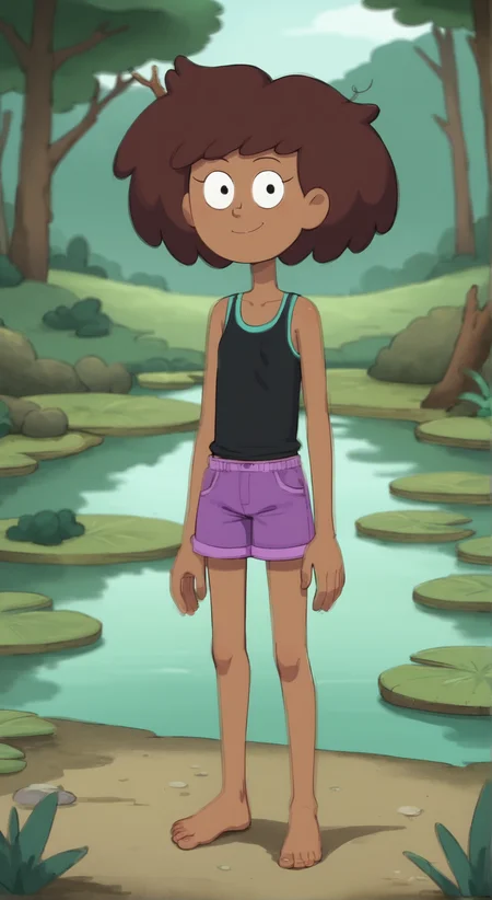 masterpiece, high quality, score_9,  score_8_up, score_7_up, t   1girl, smile, looking at viewer, full body, (((short))), cute, petite, Anne Boonchuy, Dark-skinned female, brown hair, tank top, [[one-piece swimsuit]], purple shorts, parody, ((anatomically correct)), swamp, lake, flat colors<lora:Anne_Boonchuy_2:0.8>