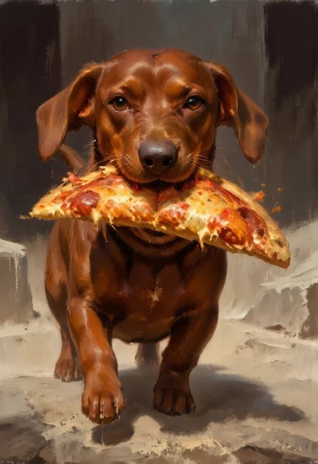 Dark-Fantasy-Cardd-V.2.0 style dark fantasy oil painting with detailed eyes that features dachshund running away with a big slice of pizza in his mouth