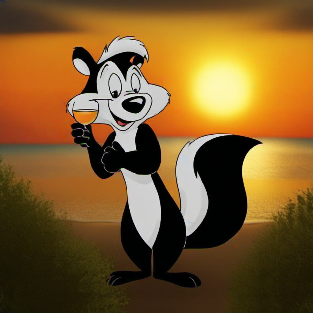 cinematic photo a cartoon character with a big furry tail, sunglasses, having a cocktail on the beach, sunset<lora:Pepe1024:0.8> . 35mm photograph, film, bokeh, professional, 4k, highly detailed