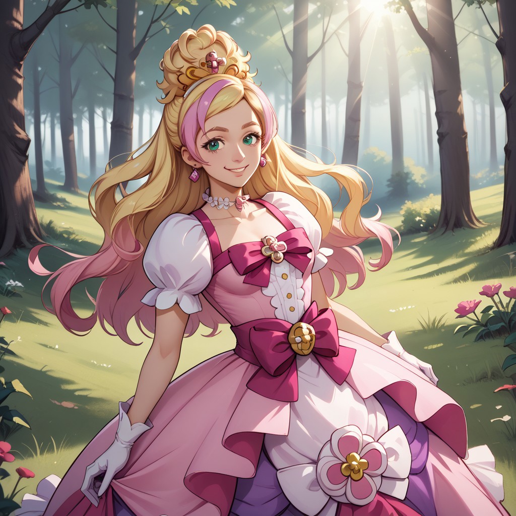 score_9, score_8, BREAK, solo, cure flora-ME,half updo,very long hair,gradient hair,blonde hair,pink hair,streaked hair,white gloves,earrings,puffy short sleeves,tiara, pink dress,white gloves,gown,waist bow,layered dress,pink bow,dress bow,dress flower,brooch,choker,green eyes,adult female,mature female,breasts, sexy pose, self portrait, smile, outdoors, sunlight, shadows, evening lighting, natural lighting, forest, trees, grass, orange sky, sunset