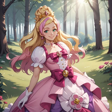 score_9, score_8, BREAK, solo, cure flora-ME,half updo,very long hair,gradient hair,blonde hair,pink hair,streaked hair,white gloves,earrings,puffy short sleeves,tiara, pink dress,white gloves,gown,waist bow,layered dress,pink bow,dress bow,dress flower,brooch,choker,green eyes,adult female,mature female,breasts, sexy pose, self portrait, smile, outdoors, sunlight, shadows, evening lighting, natural lighting, forest, trees, grass, orange sky, sunset