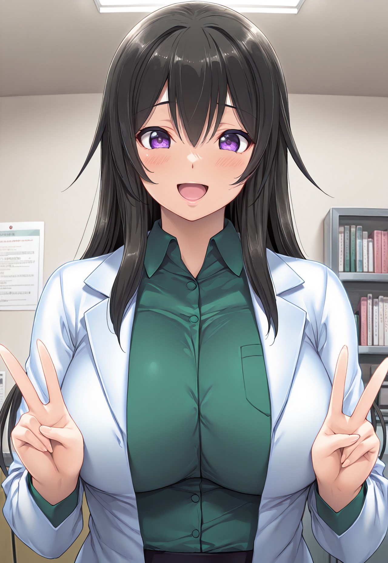 masterpiece, best quality, amazing quality, absurdres, very aesthetic, miharakaoru, 1girl, long hair, black hair, purple eyes, large breasts, solo, default_outfit, labcoat, shirt, green shirt, upper body, from front, front view, looking at viewer, smile, open mouth, double v, indoors, depth of field