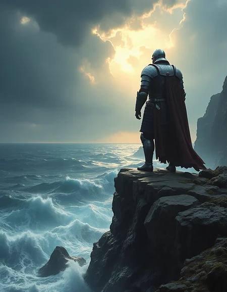 Imagine an image of a heavily armored warrior standing atop a rocky cliff, gazing over a stormy ocean.
