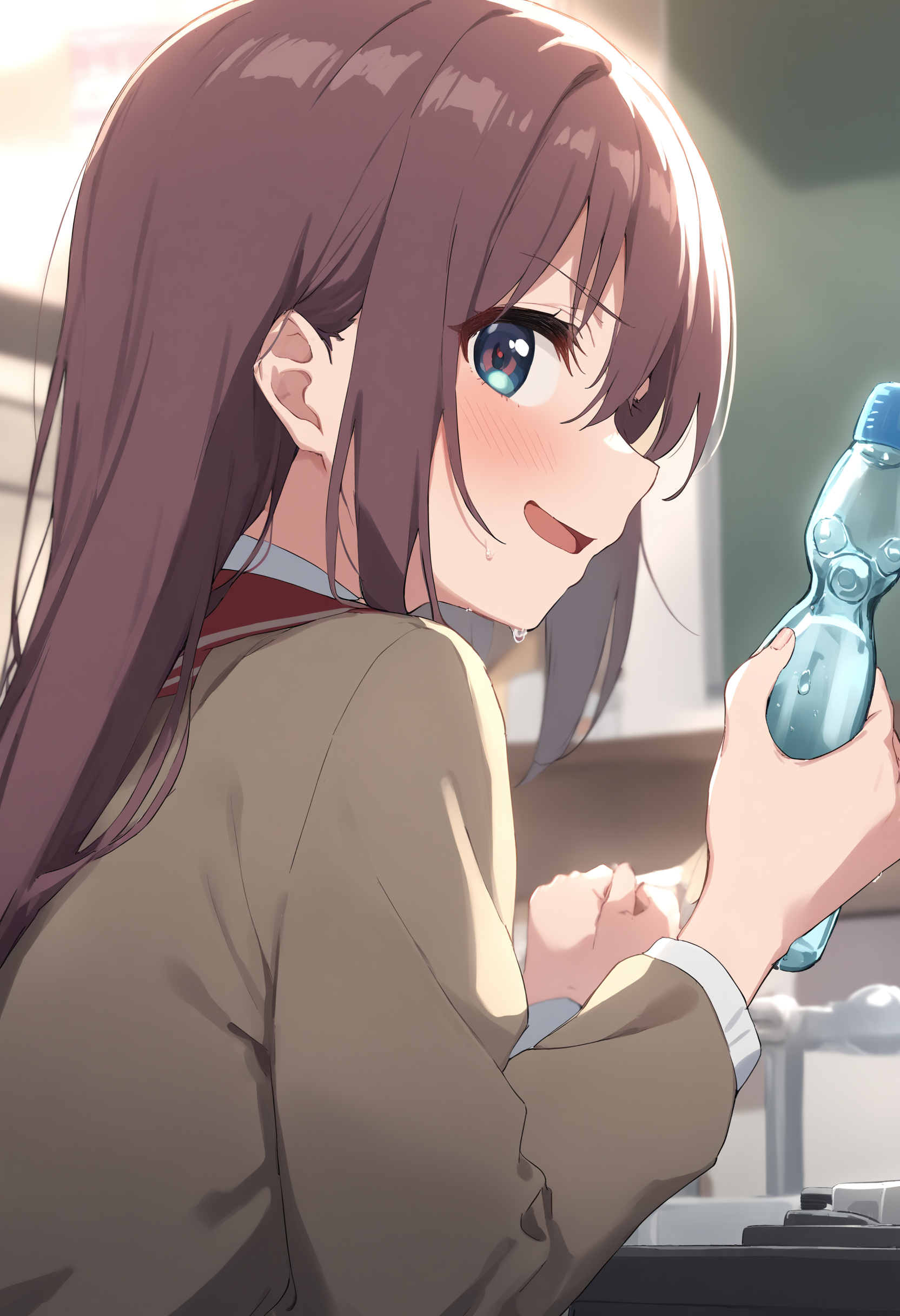 1girl,sincos, ningen mame, toosaka asagi,solo,medium breasts,school uniform,
ramune, holding bottle,<lora:ramune_XL_v1:0.9>
from behind, portrait, looking to the side, pink hair, brown eyes,sad smile, tool Shop, open mouth,
best quality, very aesthetic, absurdres