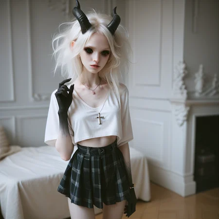 score_9_up, score_8_up, score_7_up,
1girl, solo, <lora:bdemonpony011:1>, colored skin, pale skin, white skin, black hands, black feet, pitch black eyes, monster girl, skinny, anorexic, slim, horns, white hair,
chain necklace, cross necklace, bracelets, white shirt and plaid skirt,
indoors, dark black room, music decorations, 80's punk style, solo, <lora:Skin Color_alpha1.0_rank4_noxattn_250steps:-1.5>