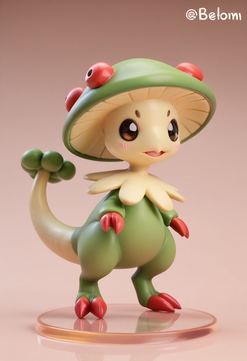 score_9, score_8_up, score_7_up, score_6_up,anime, 1girl, solo, Breloom, Pokemon (creature), green body, mushroom head, two claws, tail. Chibi