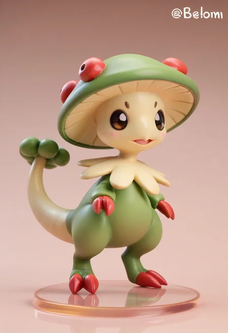 score_9, score_8_up, score_7_up, score_6_up,anime, 1girl, solo, Breloom, Pokemon (creature), green body, mushroom head, two claws, tail. Chibi