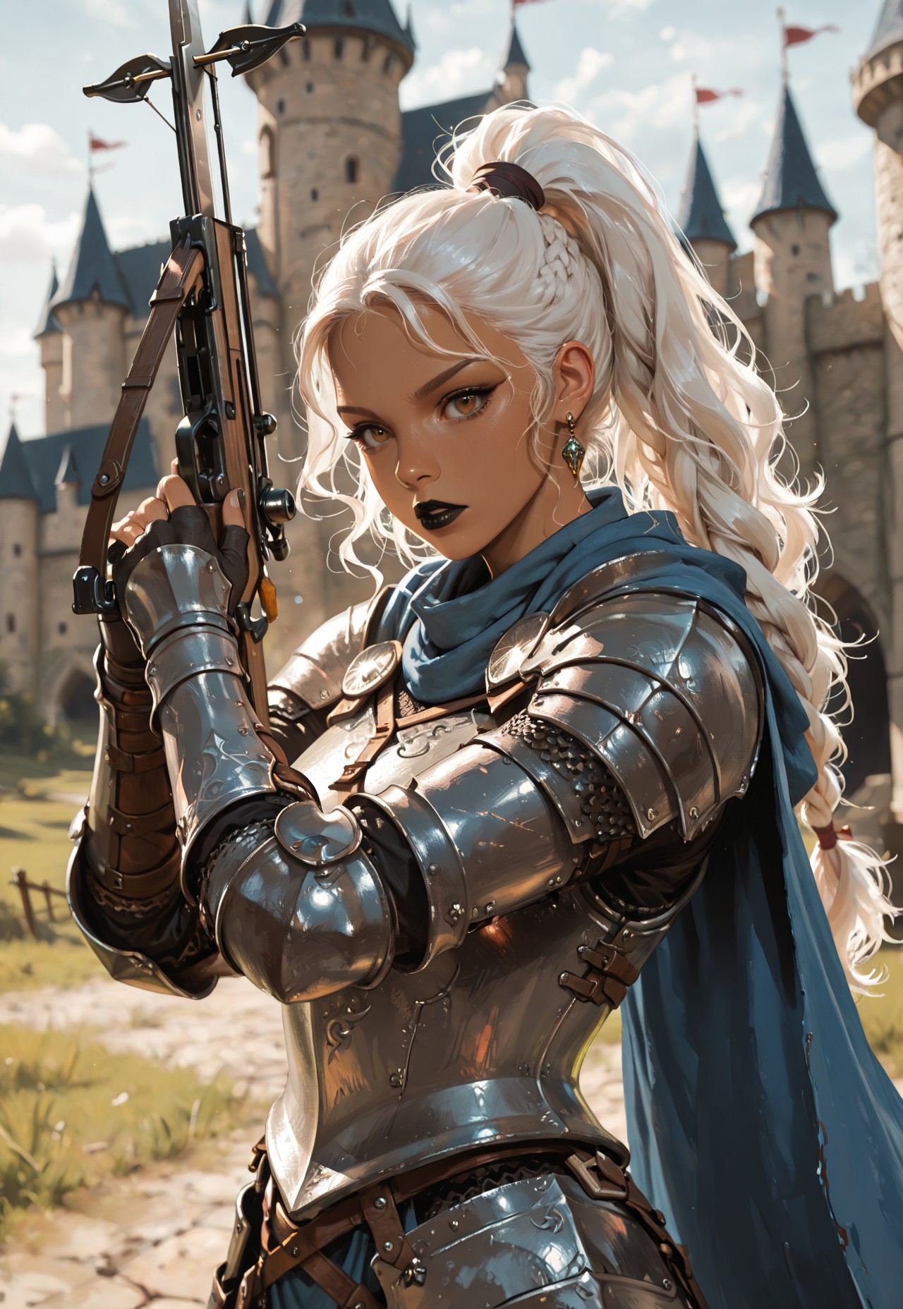 1girl, weapon, armor, crossbow, brown eyes, holding weapon, solo, white hair, tan skin, holding crossbow, lowered crossbow, detailed crossbow, accurate crossbow construction, crossbow pointed downward, looking at viewer, cape, holding, castle, long hair, blue cape, fantasy, shoulder armor, long braid, high ponytail, bronze armor, gloves, breastplate, outdoors, nose, pauldrons, from side, blurry background, parted lips, black lipstick, blurry, huntress, plate armor, wavy hair, vambraces, black fingerless gloves, gauntlets, upper body, standing, faulds, earring, reflection,  fighting stance, masterwork, masterpiece, best quality, detailed, depth of field, high detail, best quality, very aesthetic, 8k, dynamic pose, depth of field, dynamic angle