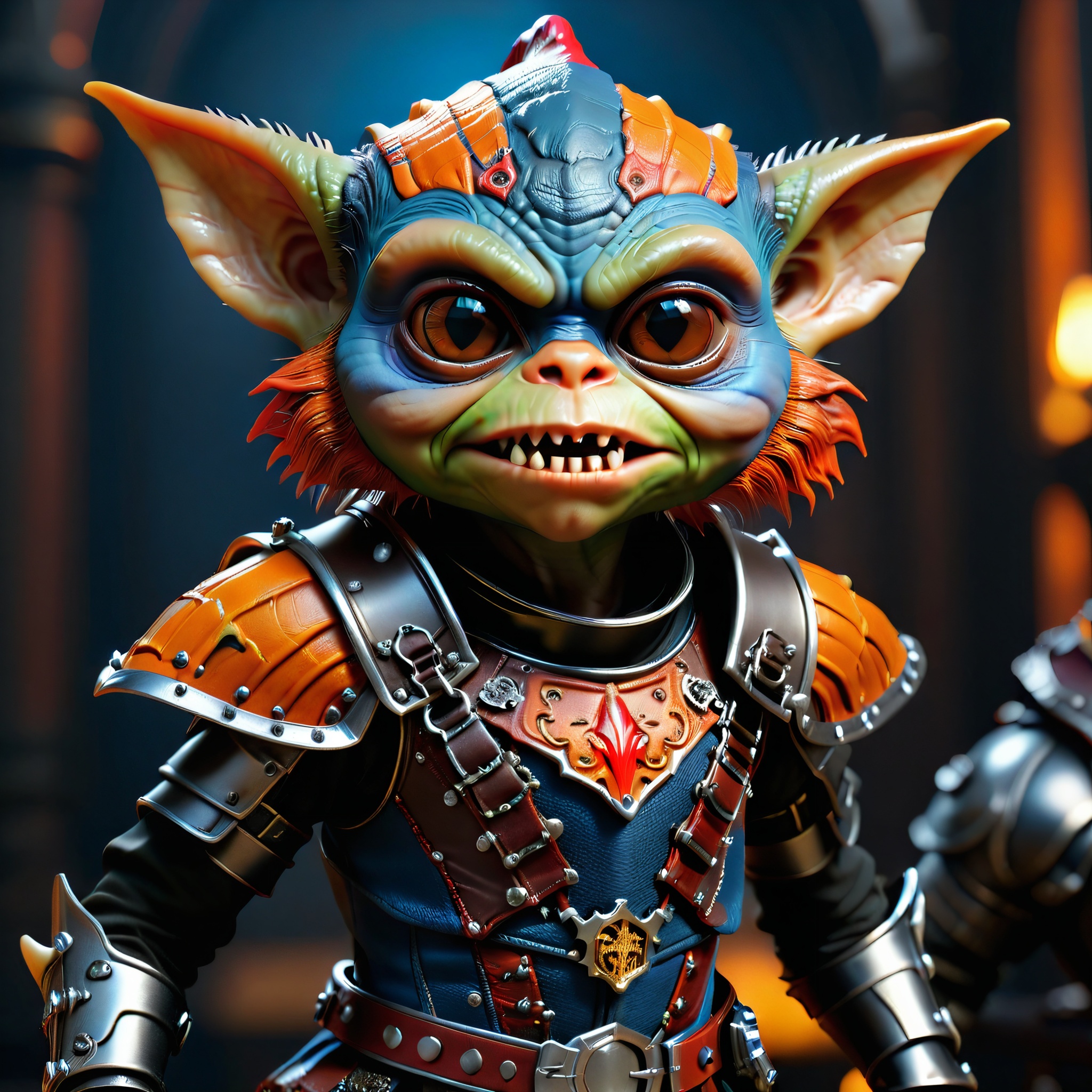 masterpiece, intricate photo of chritmas gremlin in knight armor, vampire clothing, cyberpunk style, steampunk style, gothic art, orange red blue black dress, hyper realistic, highly detailed, sharp focus, best quality, 8K