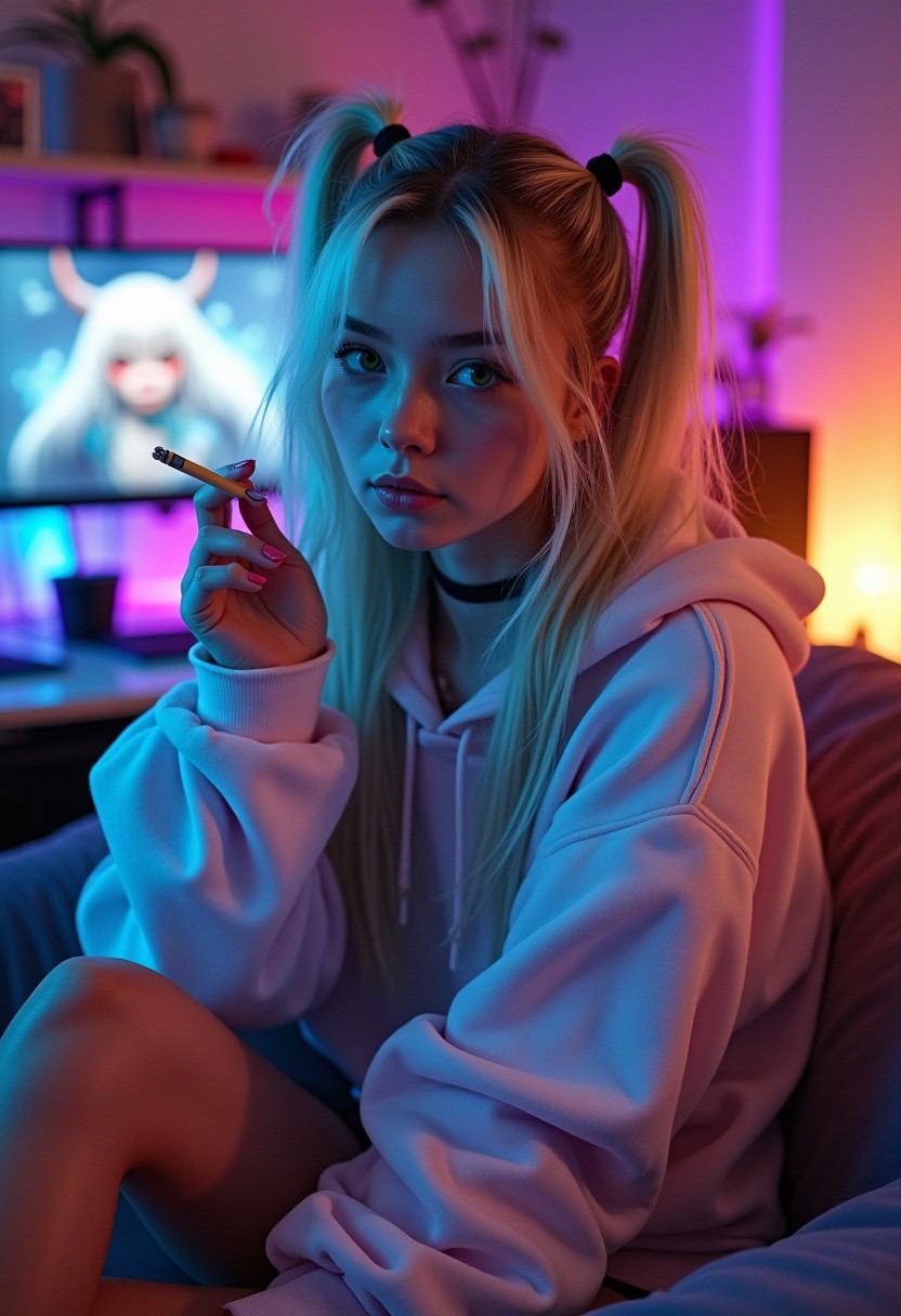 A stunningly sexy photo of a 25-year-old girl with enchanting green eyes and long blonde hair accented by vibrant blue streaks, styled in playful twintails with soft bangs partially covering one eye. She sits comfortably in her cozy room, lit by a mix of warm ambient lighting and vibrant neon hues from her gaming setup, creating a dreamy and immersive atmosphere.
Her outfit features an oversized pastel hoodie that casually drapes off one shoulder, paired with dolphin shorts, revealing her bare legs, adding a touch of effortless beauty. She wears a simple black choker that complements her edgy, gamer aesthetic. Her expression is subtle and indifferent, yet hints at a cheeky, confident charm, holding a cigarette lightly in her hand.
The room is filled with soft shadows and light reflections, creating depth and intimacy. Carefully crafted framing captures her relaxed posture from a slightly low angle, emphasizing her natural allure and drawing the viewer into her personal world. The glow of the gaming setup contrasts delicately with her serene features, highlighting every detail, making her an unforgettable and captivating character.