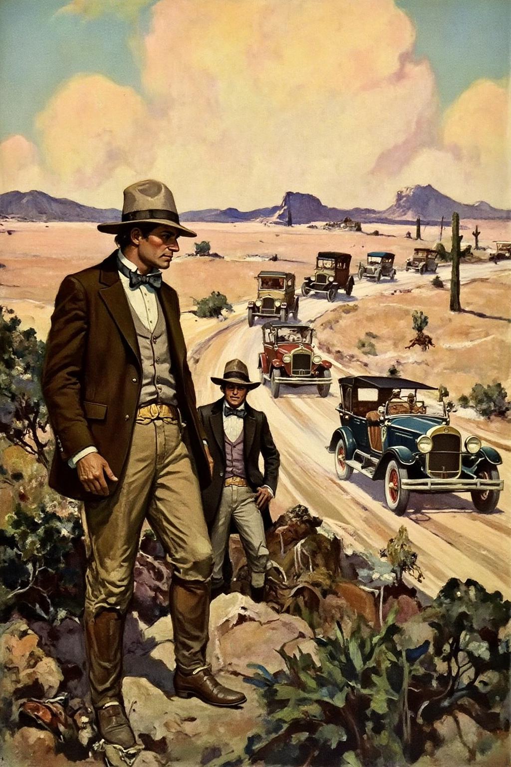 schoonover1 illustration. 
Two men stand on a rocky outcropping in a desert landscape. The main focus is a man shown in side profile view, looking out at the scene. He wears a brown suit, a wide-brimmed hat. There is a convoy of antique cars. <lora:schoonover1_cap_d6a3e11:1.0><lora:831468255328612514:0>
