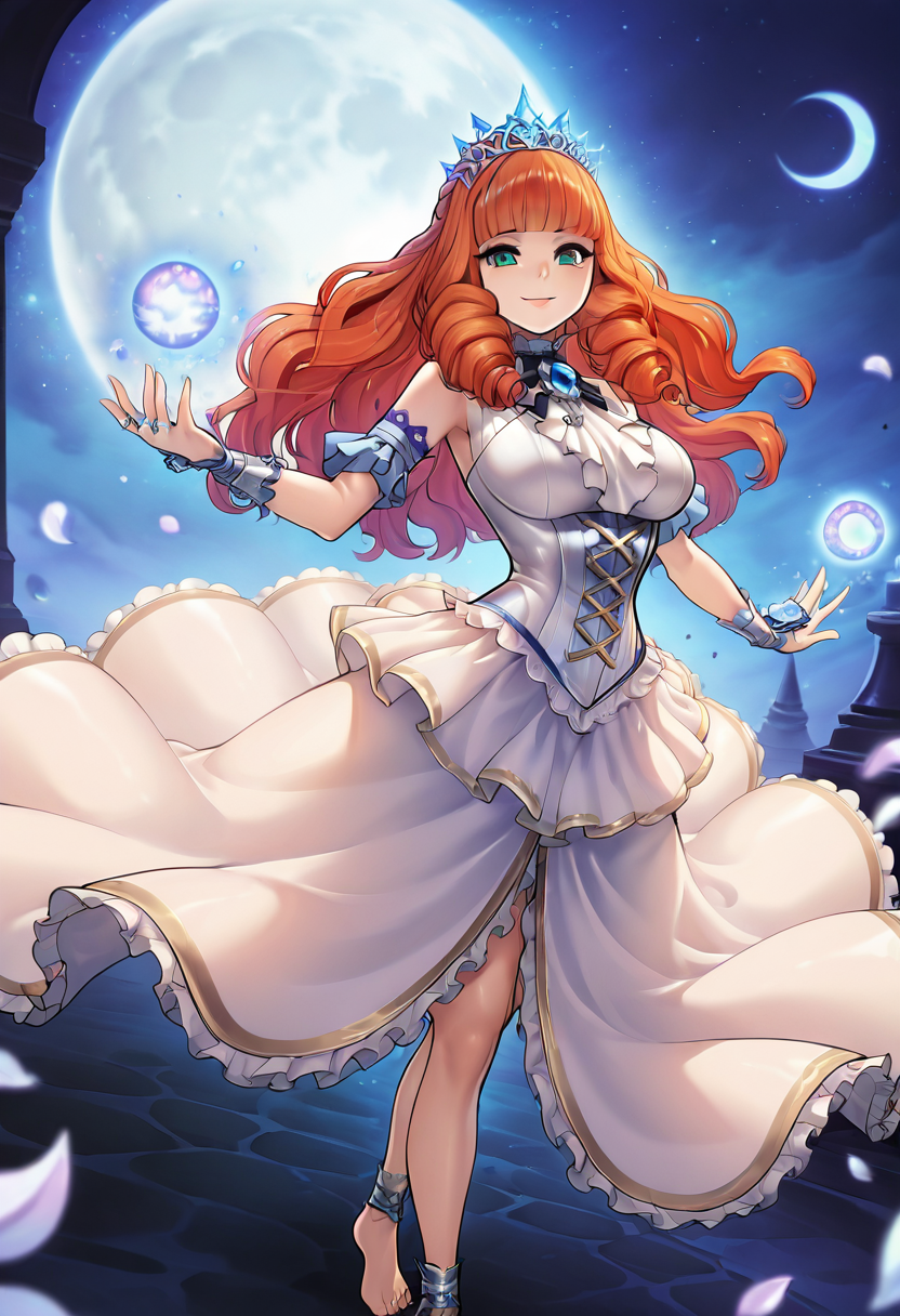 masterpiece, best quality, solo, curvy, beautiful eyes, narrow waist, wide hips, 1girl, solo, smile, looking at viewer, dynamic angle, foreshortening, close up,    zzGuinevere, green eyes, orange hair, blunt bangs, long hair, drill hair,   ,       <lora:GuinevereMLIXL:1.0>, [Moon Fairy], silvery white gown with soft, ethereal glow that mimics moonlight, delicate crystal tiara shaped like crescent moons, pale blue wings with a soft, iridescent glow, barefoot with silver rings, standing in a moonlit glade with a full moon overhead, glowing white petals falling from the trees around her,