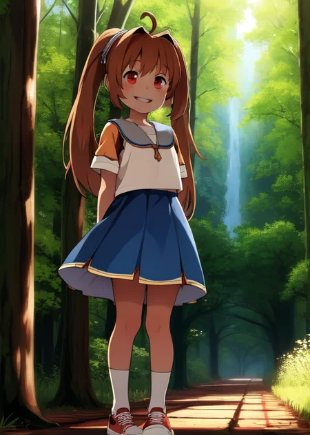 masterpiece, ultra high quality cg, perfect image, estelle, blue dress, blue skirt, red sneakers, red eyes, child  <lora:estelleBrightTrailsIn_v1:0.9> ,  smiling, ((holding giant beetle)), forest background